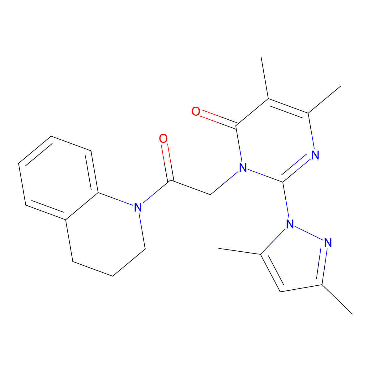3-[2-(3,4-dihydro-2H-quinolin-1-yl)-2-oxoethyl]-2-(3,5-dimethylpyrazol-1-yl)-5,6-dimethylpyrimidin-4-one molecular structure, CAS 1002216-64-9