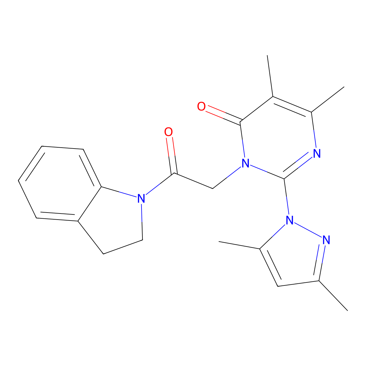 3-[2-(2,3-Dihydroindol-1-yl)-2-oxoethyl]-2-(3,5-dimethylpyrazol-1-yl)-5,6-dimethylpyrimidin-4-one molecular structure, CAS 1002216-69-4