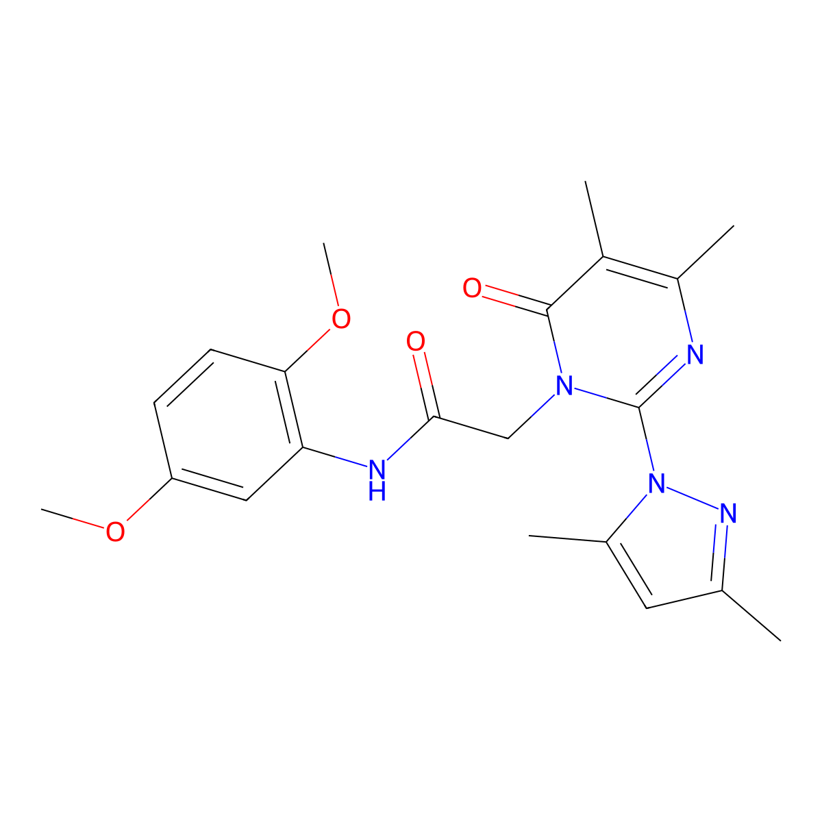 N-(2,5-dimethoxyphenyl)-2-[2-(3,5-dimethylpyrazol-1-yl)-4,5-dimethyl-6-oxopyrimidin-1-yl]acetamide molecular structure, CAS 1002217-86-8