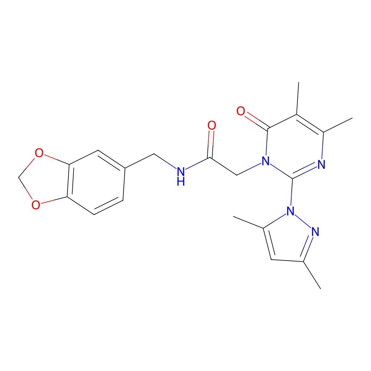 N-(1,3-benzodioxol-5-ylmethyl)-2-[2-(3,5-dimethylpyrazol-1-yl)-4,5-dimethyl-6-oxopyrimidin-1-yl]acetamide molecular structure, CAS 1002218-56-5