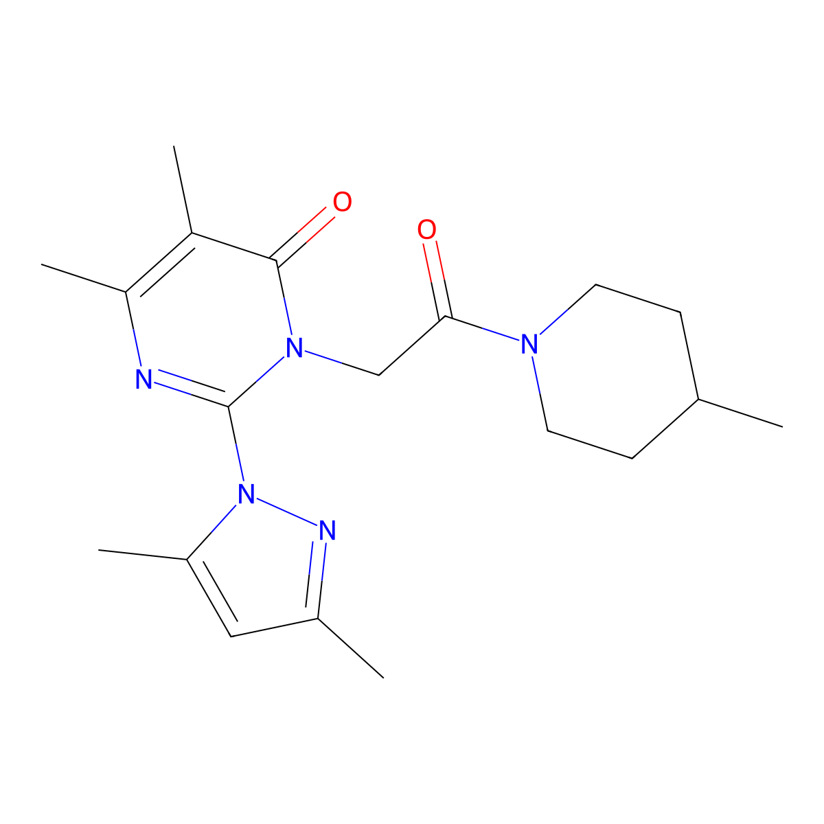 2-(3,5-dimethyl-1H-pyrazol-1-yl)-5,6-dimethyl-3-(2-(4-methylpiperidin-1-yl)-2-oxoethyl)pyrimidin-4(3H)-one molecular structure, CAS 1002218-64-5