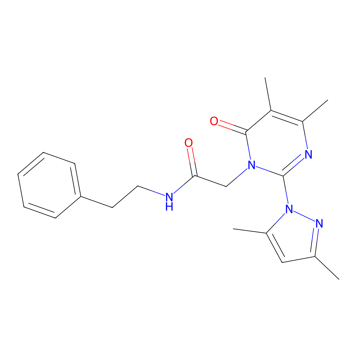 2-(2-(3,5-dimethyl-1H-pyrazol-1-yl)-4,5-dimethyl-6-oxopyrimidin-1(6H)-yl)-N-phenethylacetamide molecular structure, CAS 1002218-79-2