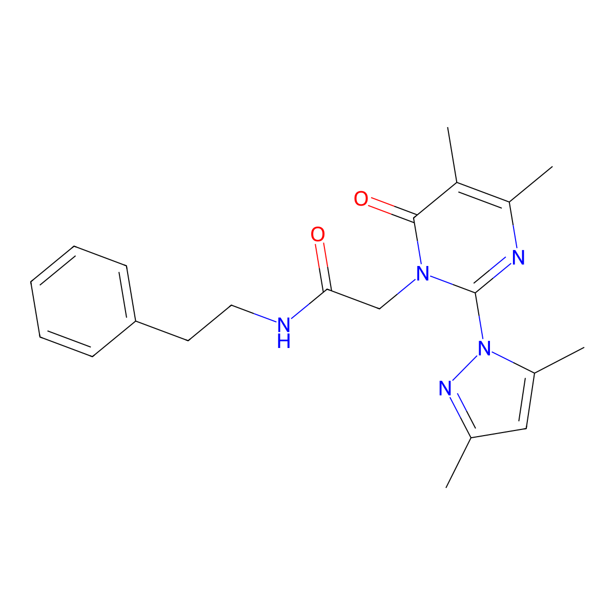2-(2-(3,5-dimethyl-1H-pyrazol-1-yl)-4,5-dimethyl-6-oxopyrimidin-1(6H)-yl)-N-phenethylacetamide molecular structure, CAS 1002218-79-2