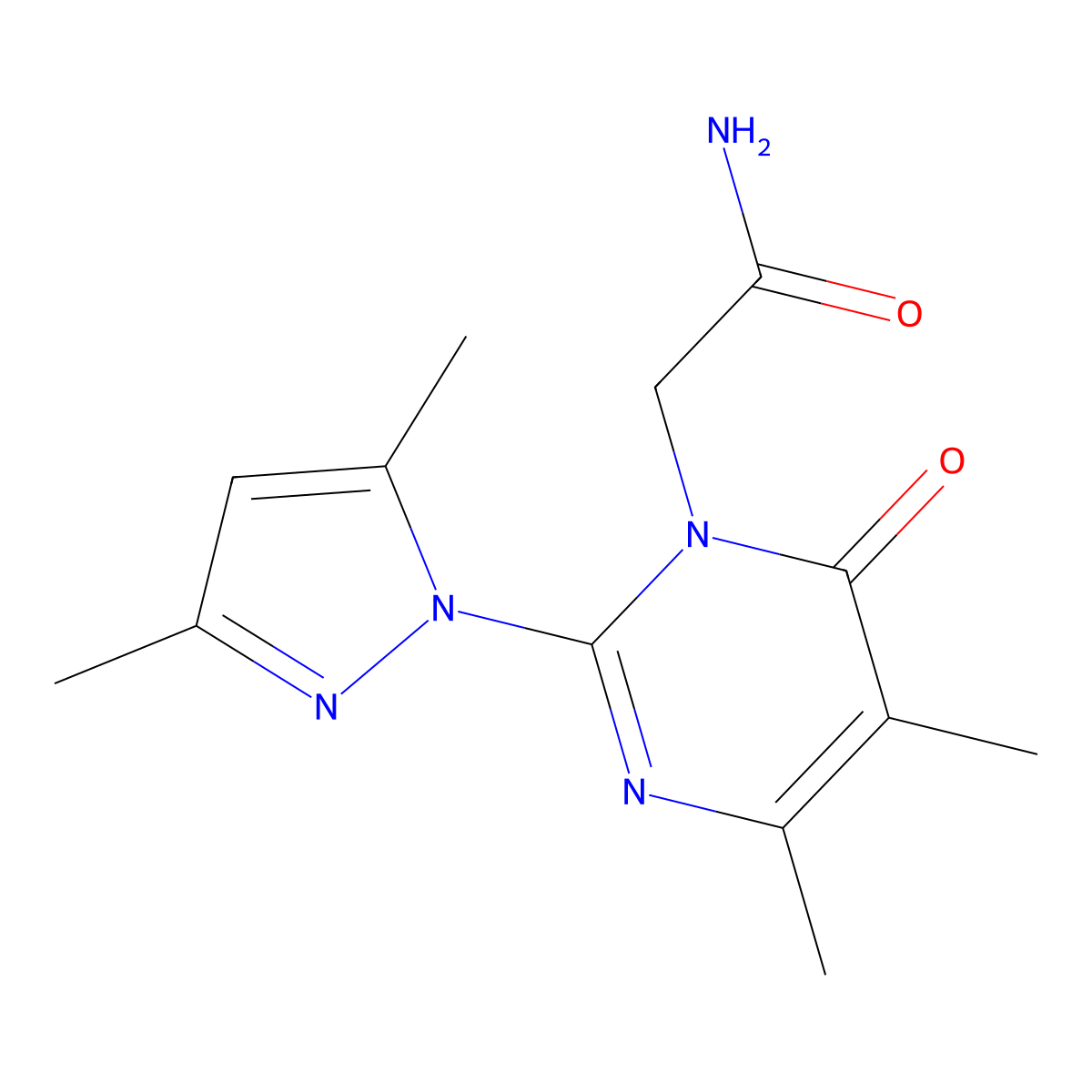 2-(2-(3,5-dimethyl-1H-pyrazol-1-yl)-4,5-dimethyl-6-oxopyrimidin-1(6H)-yl)acetamide molecular structure, CAS 1002218-82-7