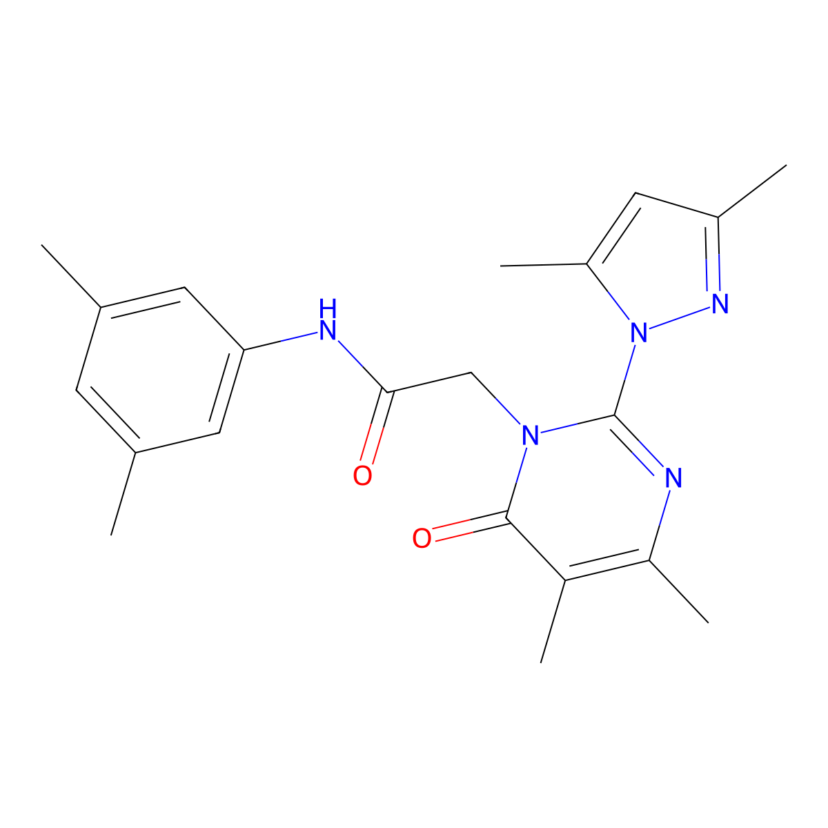 2-(2-(3,5-dimethyl-1H-pyrazol-1-yl)-4,5-dimethyl-6-oxopyrimidin-1(6H)-yl)-N-(3,5-dimethylphenyl)acetamide molecular structure, CAS 1002218-86-1