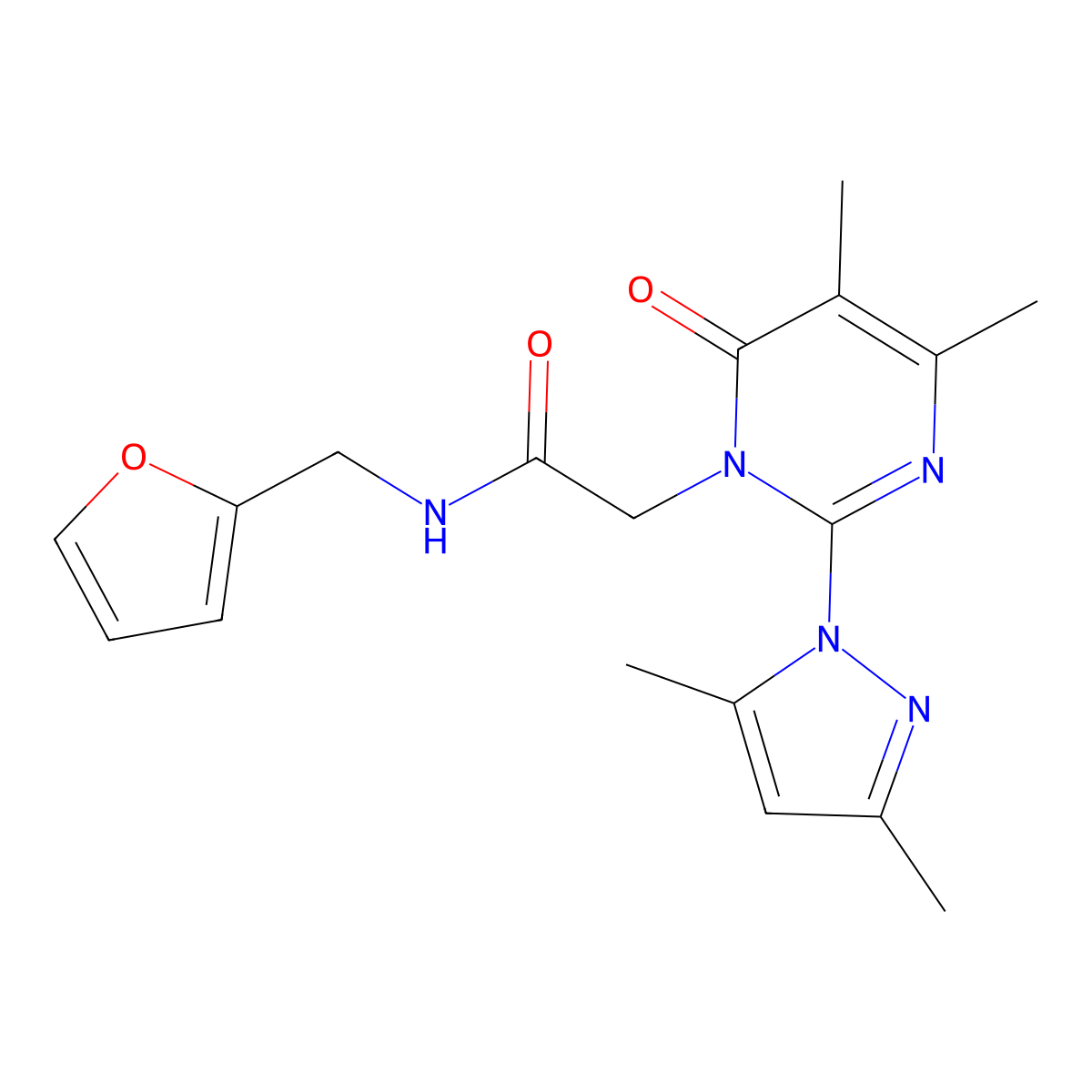 2-(2-(3,5-dimethyl-1H-pyrazol-1-yl)-4,5-dimethyl-6-oxopyrimidin-1(6H)-yl)-N-(furan-2-ylmethyl)acetamide molecular structure, CAS 1002219-06-8