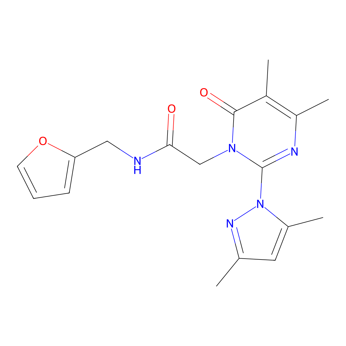 2-(2-(3,5-dimethyl-1H-pyrazol-1-yl)-4,5-dimethyl-6-oxopyrimidin-1(6H)-yl)-N-(furan-2-ylmethyl)acetamide molecular structure, CAS 1002219-06-8