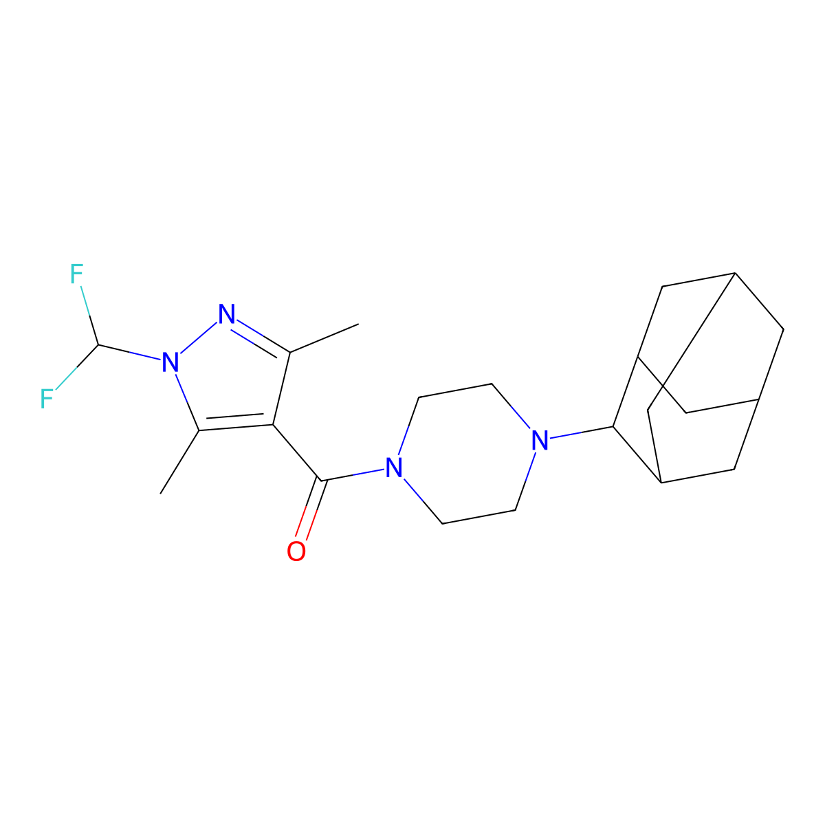 (1-(Difluoromethyl)-3,5-dimethyl-1H-pyrazol-4-yl)(4-tricyclo(3.3.1.13,7)dec-2-yl-1-piperazinyl)methanone molecular structure, CAS 1002243-74-4
