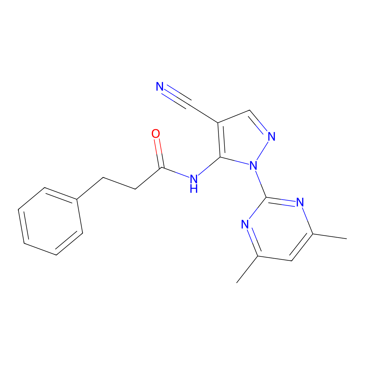N-[4-cyano-2-(4,6-dimethylpyrimidin-2-yl)pyrazol-3-yl]-3-phenylpropanamide molecular structure, CAS 1002266-96-7