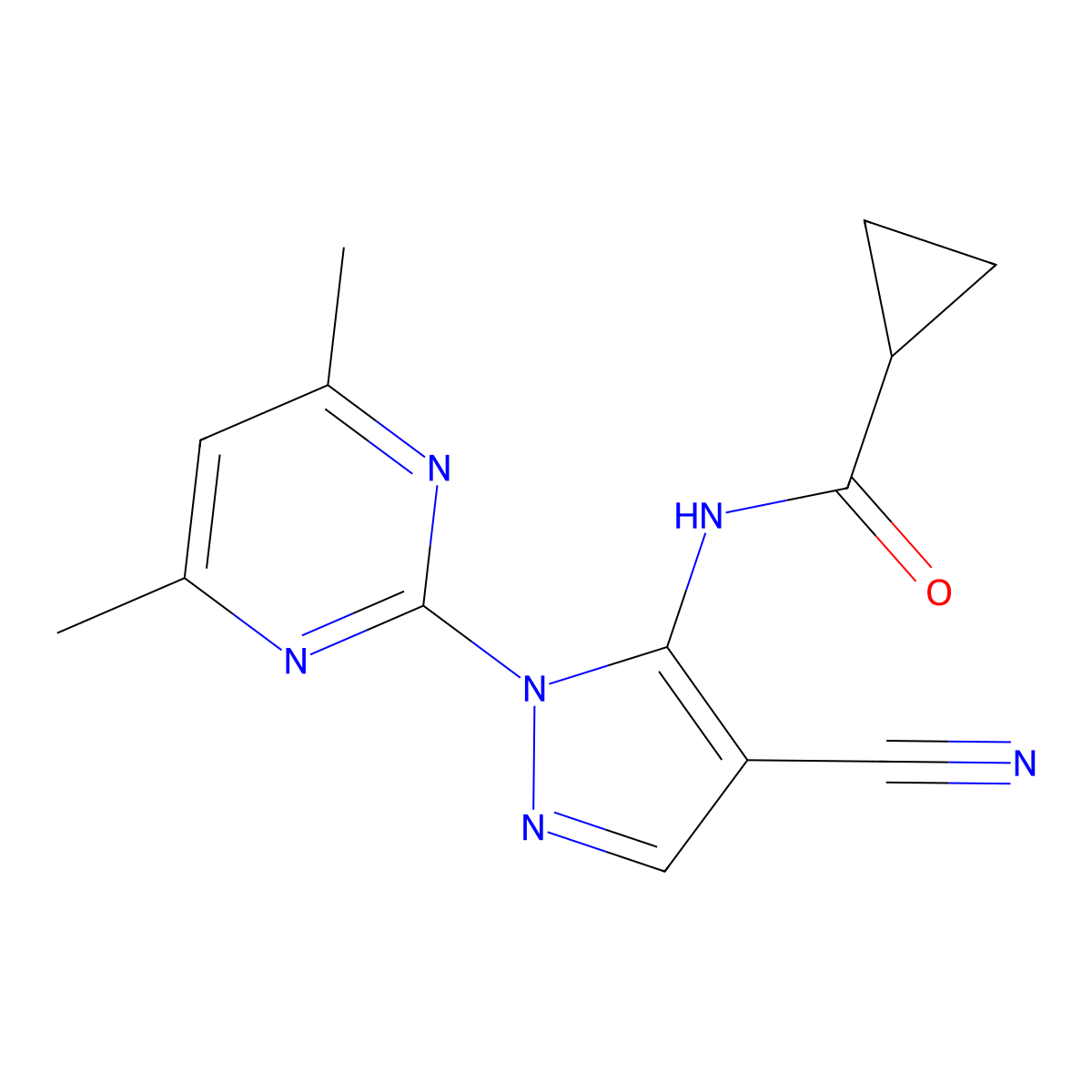 N-[4-cyano-2-(4,6-dimethylpyrimidin-2-yl)pyrazol-3-yl]cyclopropanecarboxamide molecular structure, CAS 1002301-35-0
