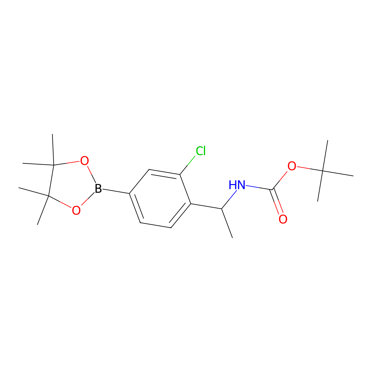 Tert-butyl 1-(2-chloro-4-(4,4,5,5-tetramethyl-1,3,2-dioxaborolan-2-yl)phenyl)ethylcarbamate molecular structure, CAS 1002310-00-0