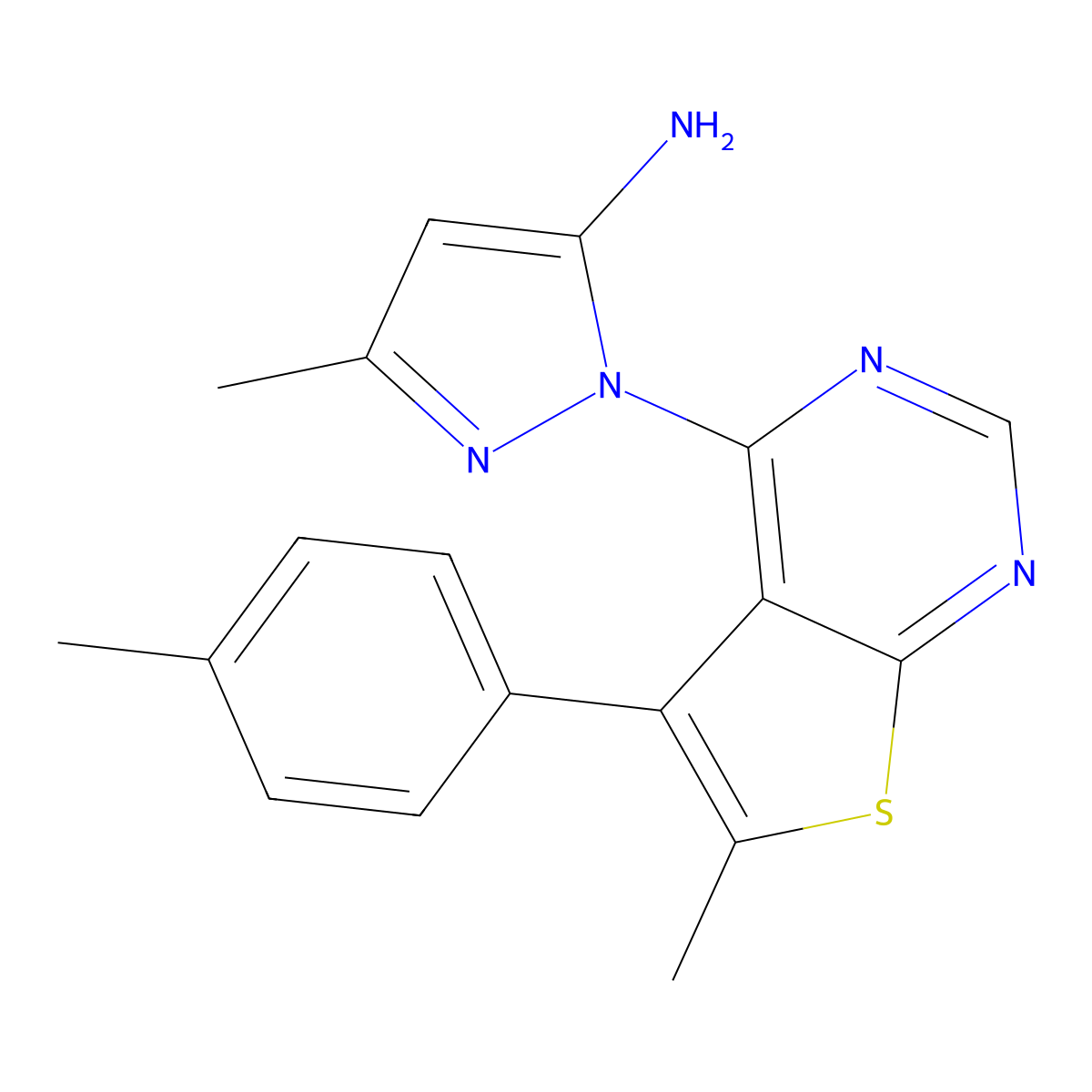 3-methyl-1-(6-methyl-5-(p-tolyl)thieno[2,3-d]pyrimidin-4-yl)-1H-pyrazol-5-amine molecular structure, CAS 1002414-82-5