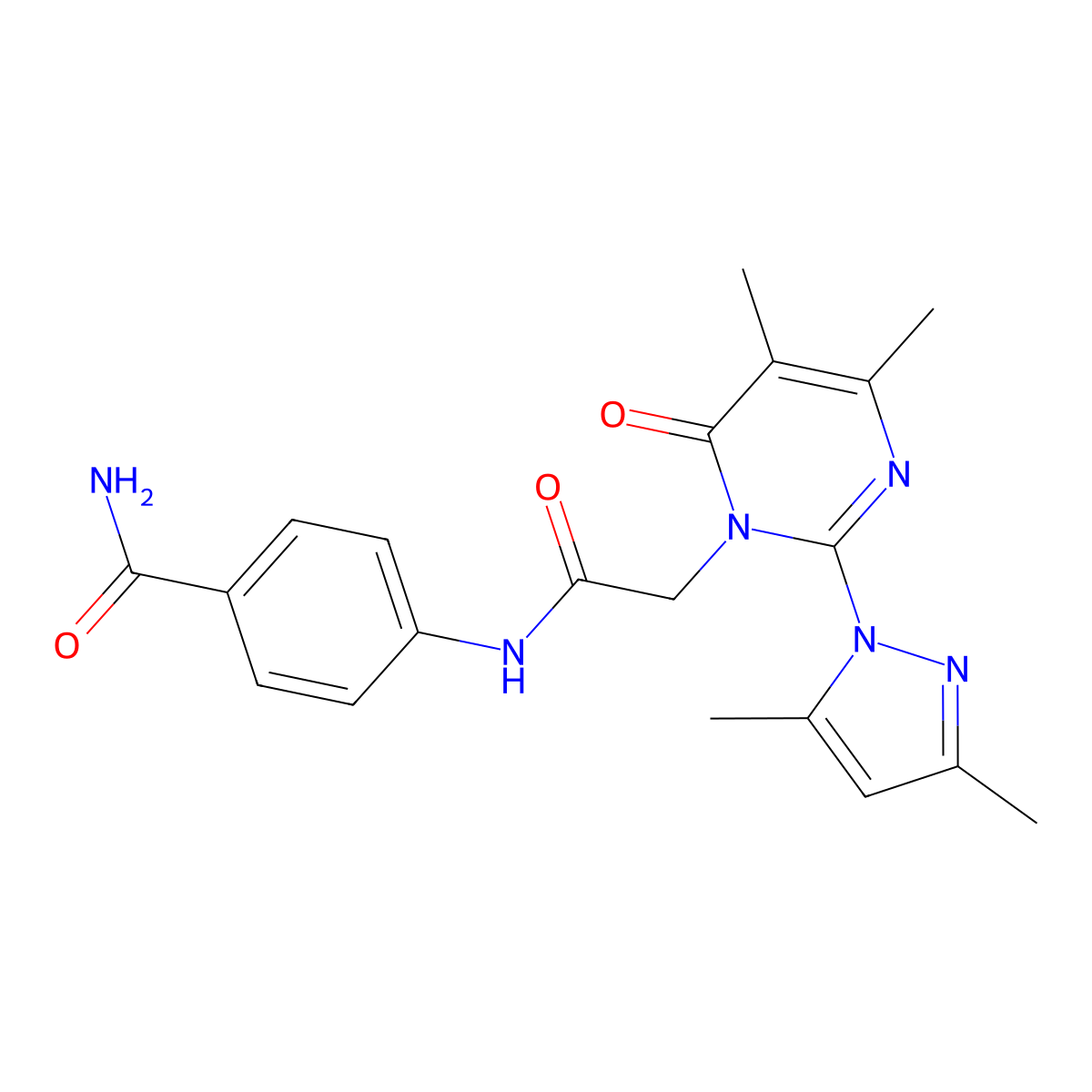 4-[[2-[2-(3,5-Dimethylpyrazol-1-yl)-4,5-dimethyl-6-oxopyrimidin-1-yl]acetyl]amino]benzamide molecular structure, CAS 1002428-99-0