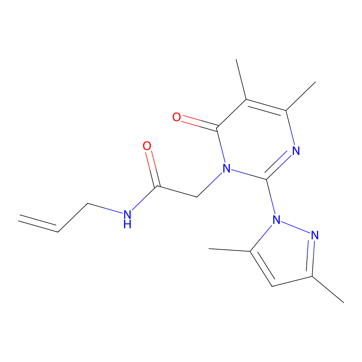 N-allyl-2-(2-(3,5-dimethyl-1H-pyrazol-1-yl)-4,5-dimethyl-6-oxopyrimidin-1(6H)-yl)acetamide molecular structure, CAS 1002429-69-7