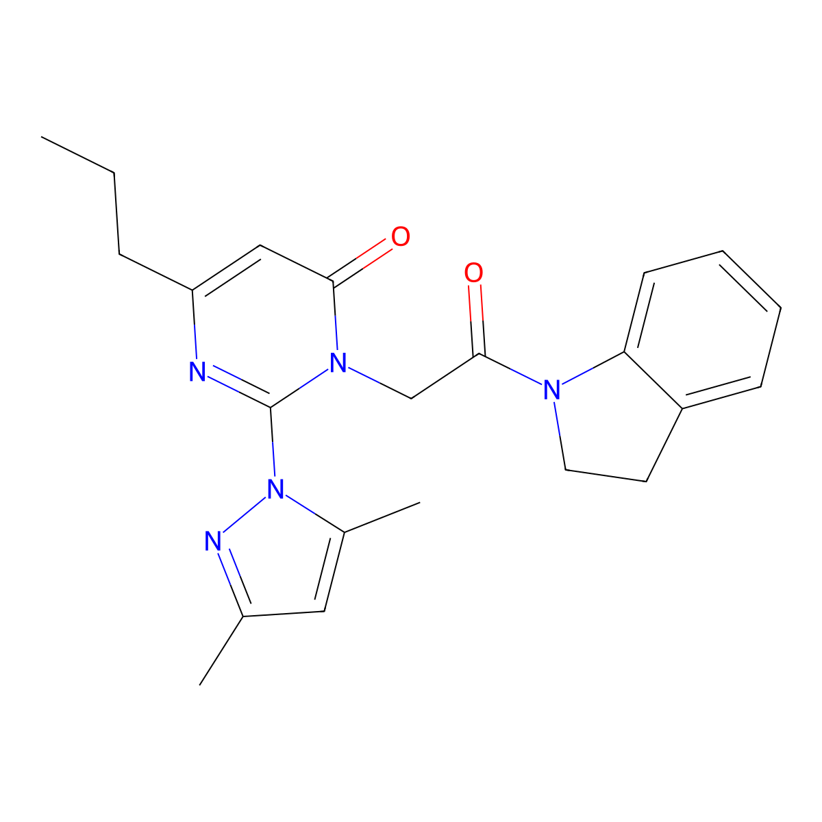 2-(3,5-dimethyl-1H-pyrazol-1-yl)-3-(2-(indolin-1-yl)-2-oxoethyl)-6-propylpyrimidin-4(3H)-one molecular structure, CAS 1002430-19-4