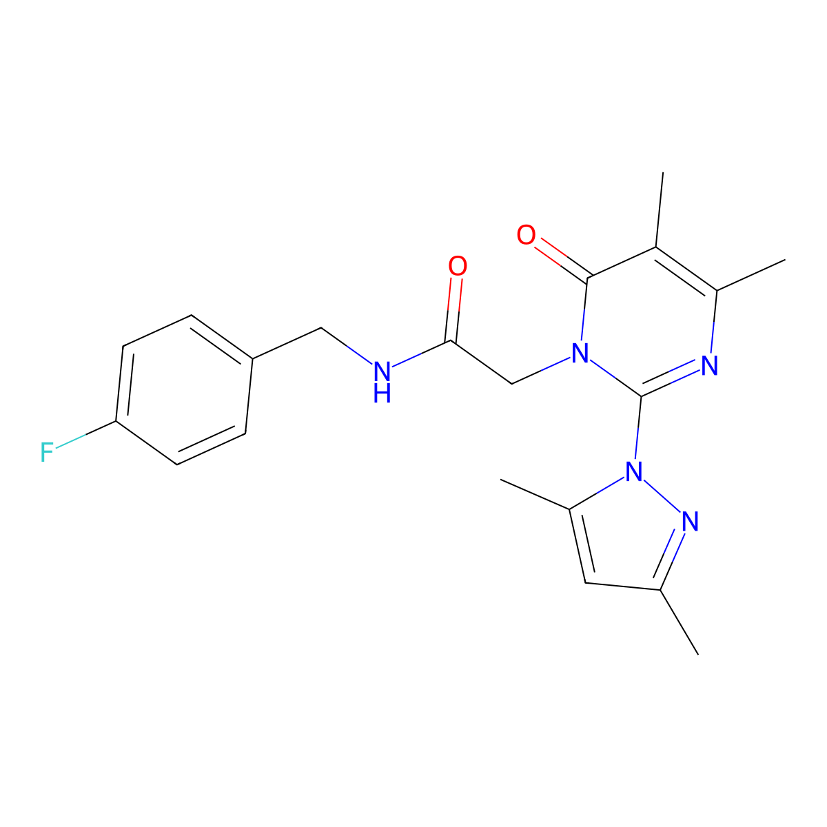 2-[2-(3,5-dimethylpyrazol-1-yl)-4,5-dimethyl-6-oxopyrimidin-1-yl]-N-[(4-fluorophenyl)methyl]acetamide molecular structure, CAS 1002430-25-2