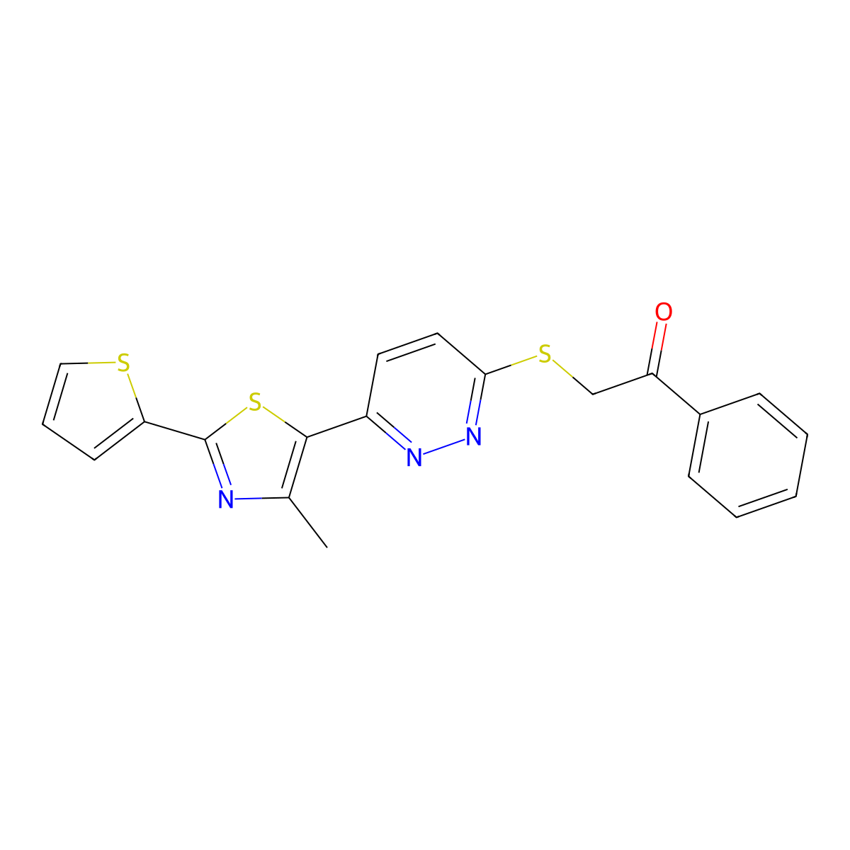 2-((6-(4-Methyl-2-(thiophen-2-yl)thiazol-5-yl)pyridazin-3-yl)thio)-1-phenylethanone molecular structure, CAS 1002483-42-2