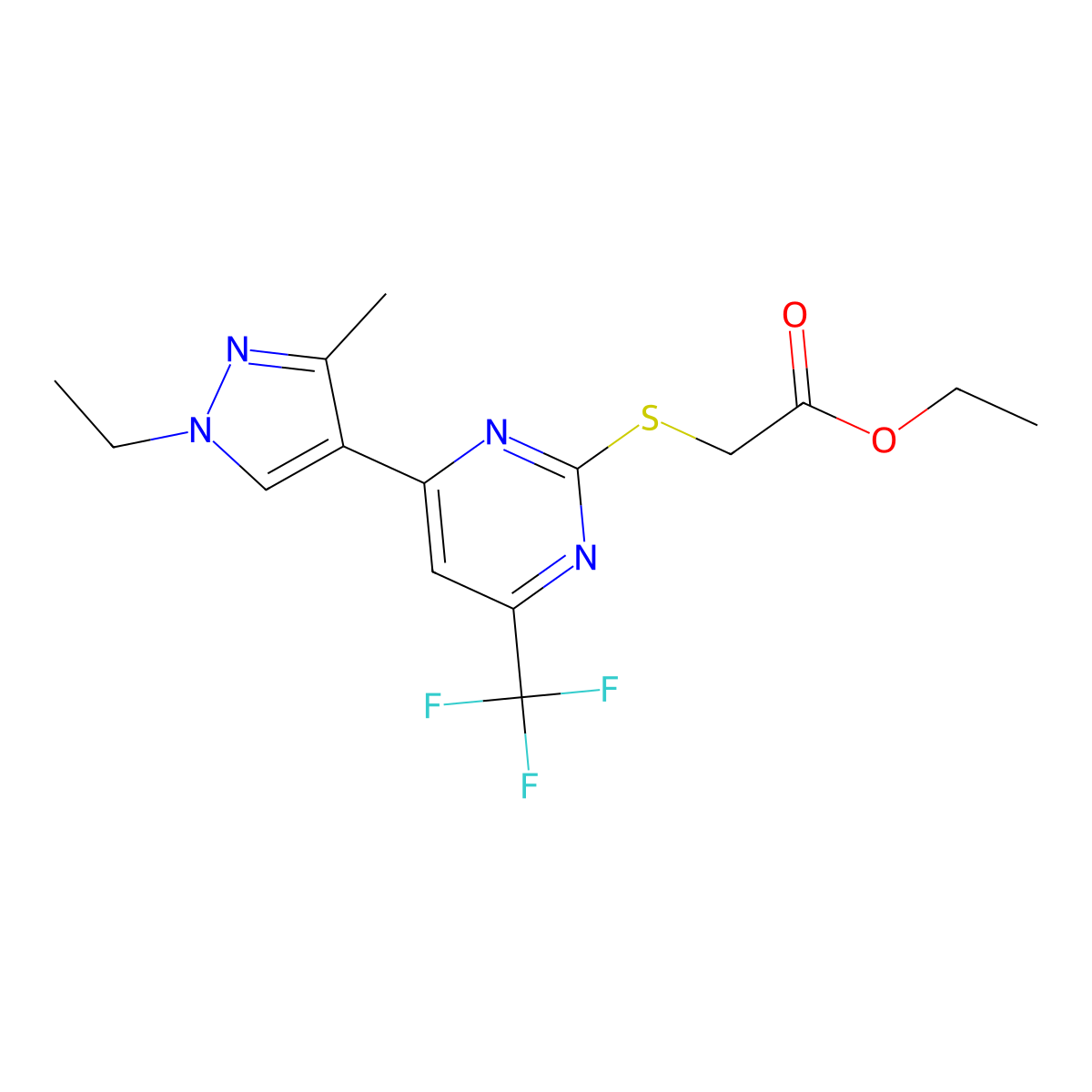Ethyl 2-((4-(1-ethyl-3-methyl-1H-pyrazol-4-yl)-6-(trifluoromethyl)pyrimidin-2-yl)thio)acetate molecular structure, CAS 1002535-18-3