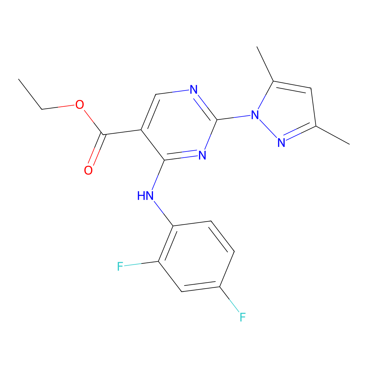 ethyl 4-[(2,4-difluorophenyl)amino]-2-(3,5-dimethyl-1H-pyrazol-1-yl)pyrimidine-5-carboxylate molecular structure, CAS 1002539-18-5