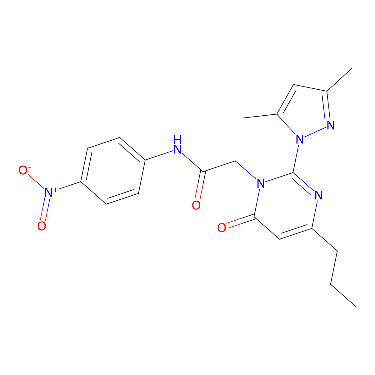 2-(2-(3,5-dimethyl-1H-pyrazol-1-yl)-6-oxo-4-propylpyrimidin-1(6H)-yl)-N-(4-nitrophenyl)acetamide molecular structure, CAS 1002569-87-0