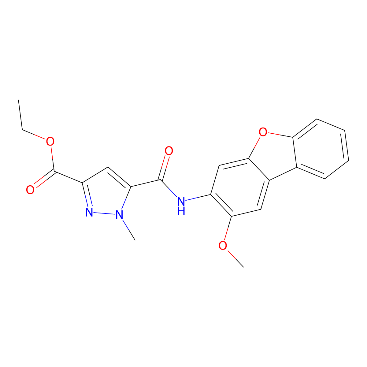 ethyl 5-{[(2-methoxydibenzo[b,d]furan-3-yl)amino]carbonyl}-1-methyl-1H-pyrazole-3-carboxylate molecular structure, CAS 1002652-04-1