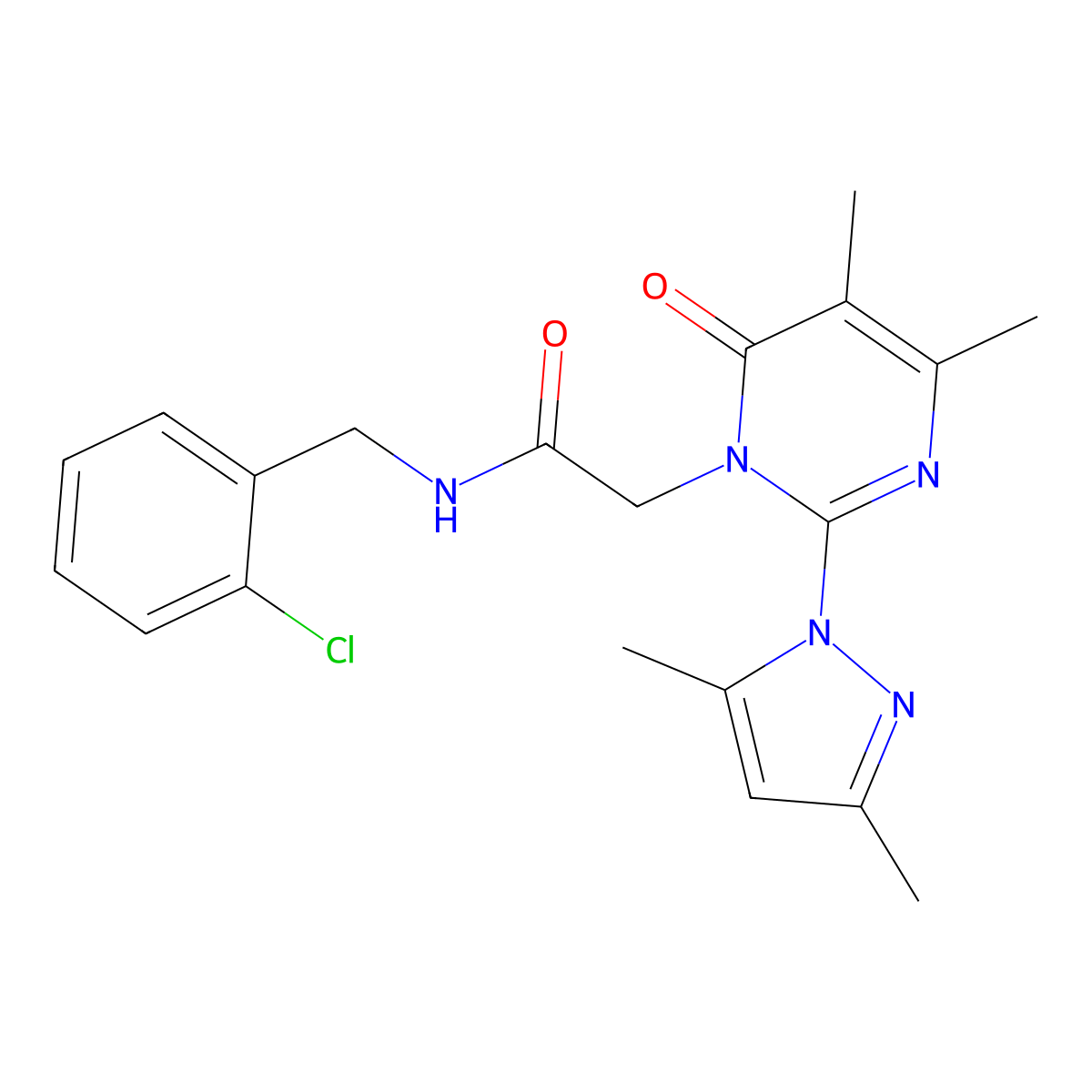 N-[(2-chlorophenyl)methyl]-2-[2-(3,5-dimethylpyrazol-1-yl)-4,5-dimethyl-6-oxopyrimidin-1-yl]acetamide molecular structure, CAS 1002835-76-8