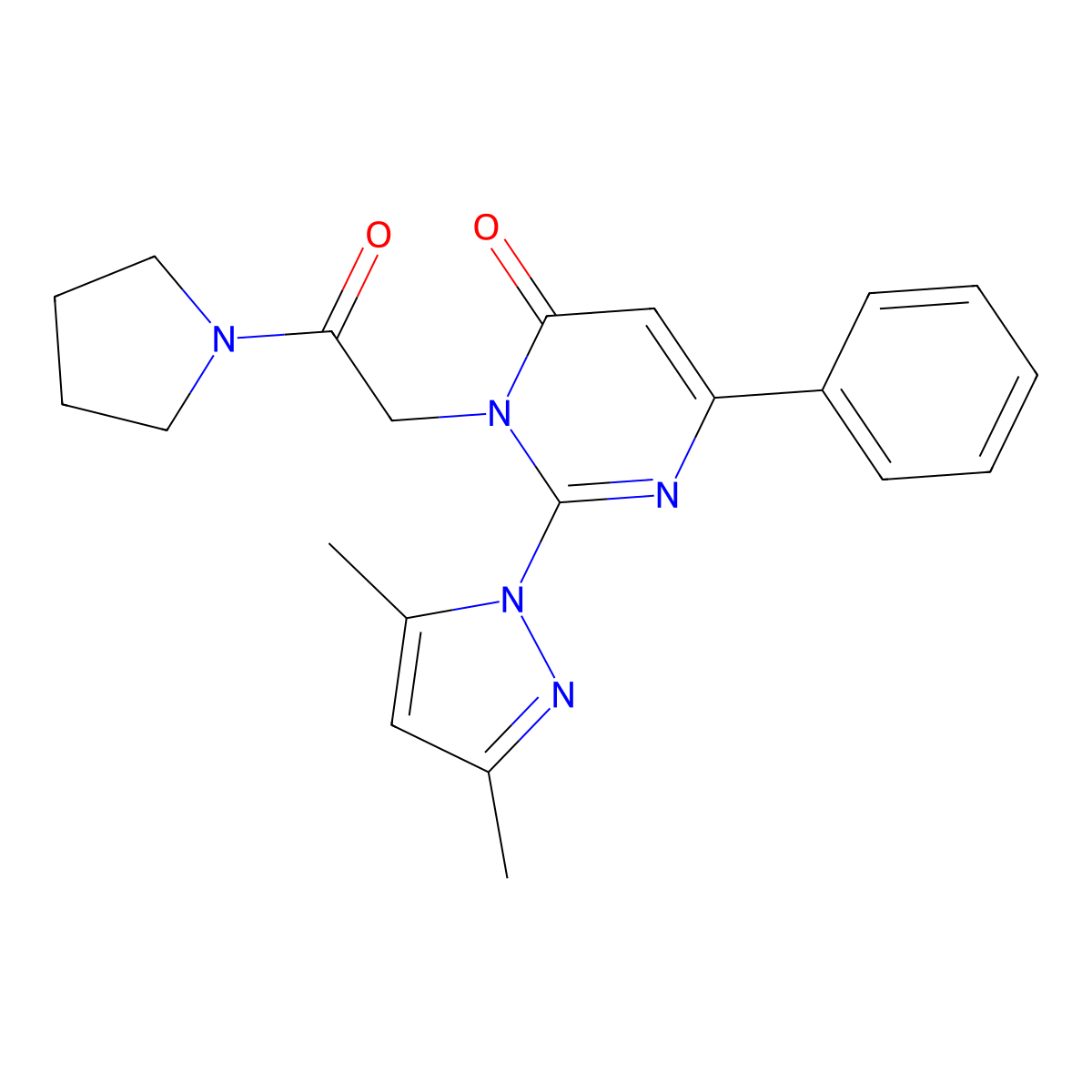 2-(3,5-Dimethylpyrazol-1-yl)-3-(2-oxo-2-pyrrolidin-1-ylethyl)-6-phenylpyrimidin-4-one molecular structure, CAS 1002835-79-1