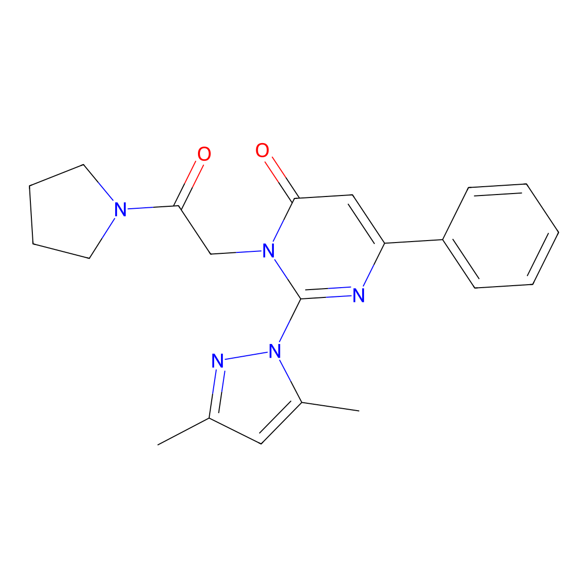 2-(3,5-Dimethylpyrazol-1-yl)-3-(2-oxo-2-pyrrolidin-1-ylethyl)-6-phenylpyrimidin-4-one molecular structure, CAS 1002835-79-1
