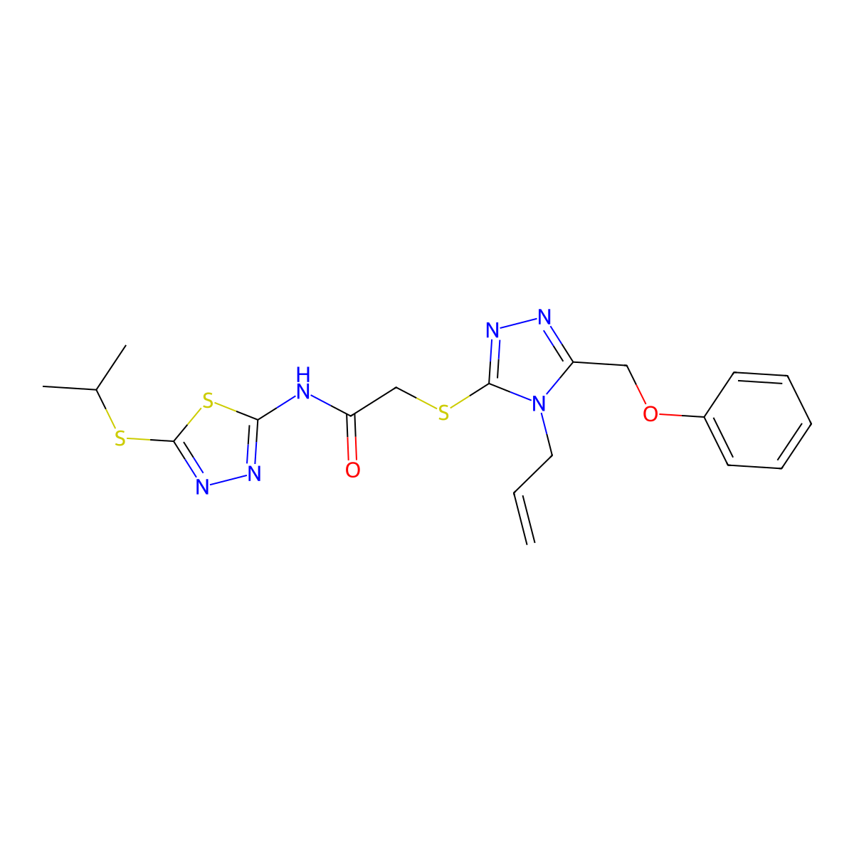 2-{[5-(phenoxymethyl)-4-(prop-2-en-1-yl)-4H-1,2,4-triazol-3-yl]sulfanyl}-N-[5-(propan-2-ylsulfanyl)-1,3,4-thiadiazol-2-yl]acetamide molecular structure, CAS 1002851-36-6