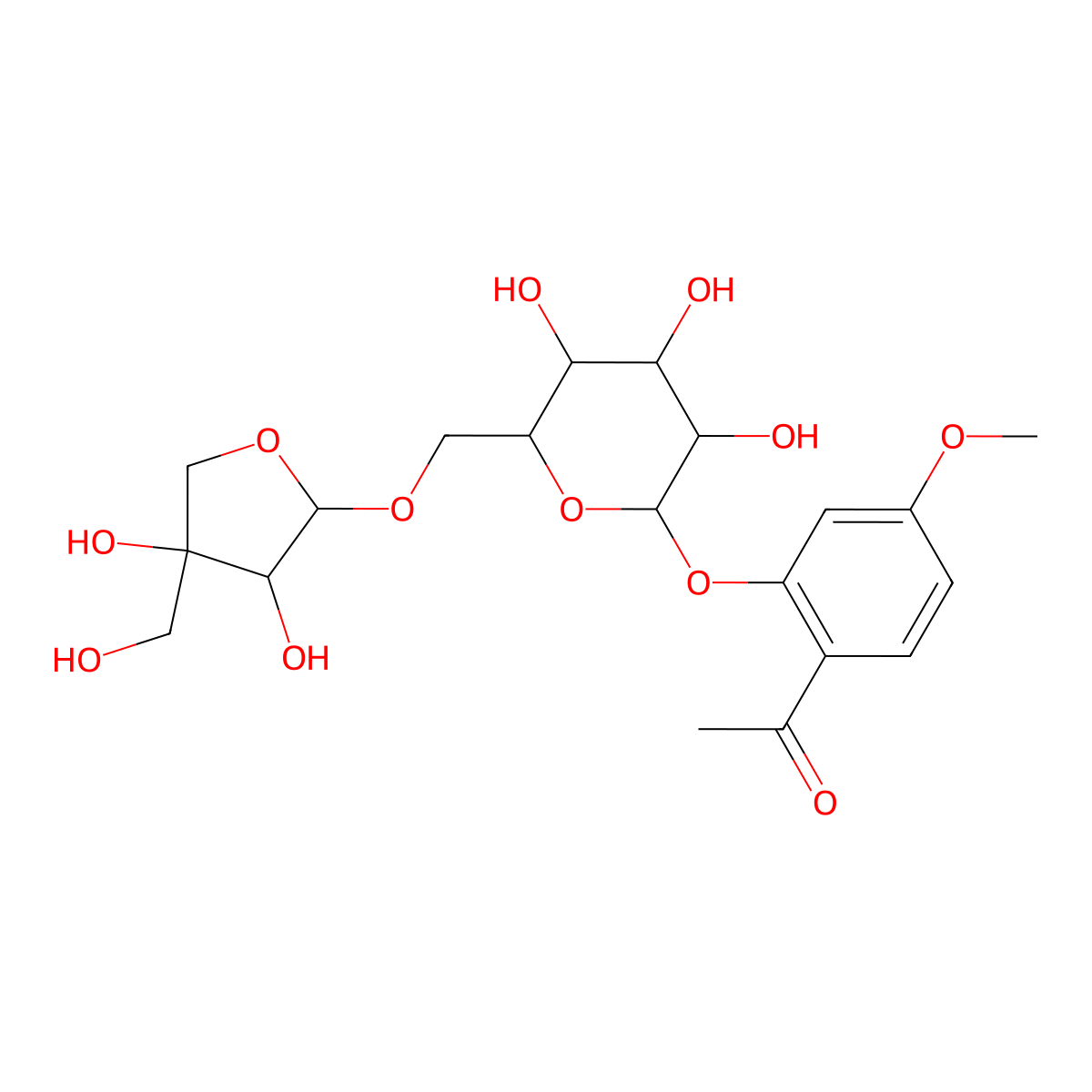 2-Acetyl-5-methoxyphenyl 6-O-(3,4-dihydroxy-4-(hydroxymethyl)oxolan-2-yl)hexopyranoside molecular structure, CAS 100291-86-9