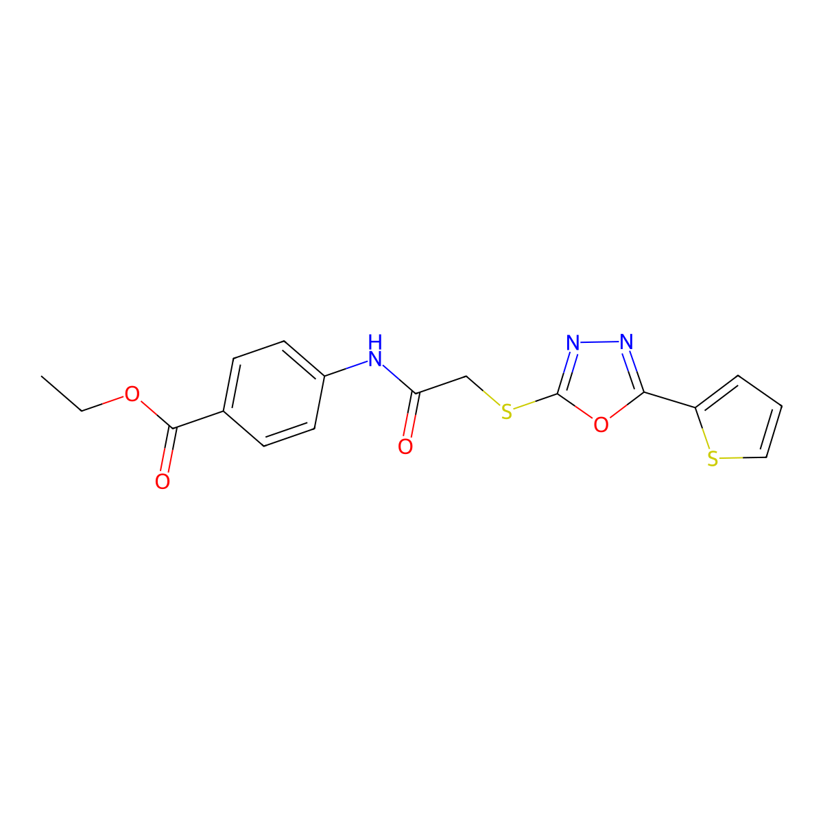 Ethyl 4-(2-((5-(thiophen-2-yl)-1,3,4-oxadiazol-2-yl)thio)acetamido)benzoate molecular structure, CAS 1002910-53-3