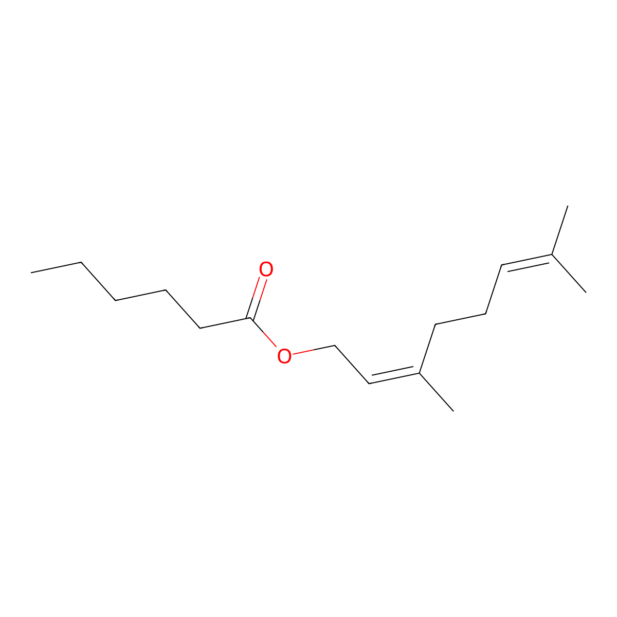 Geranyl hexanoate molecular structure, CAS 10032-02-7