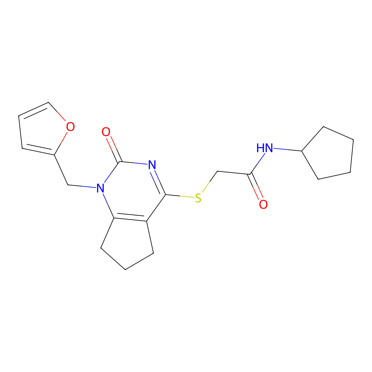 N-cyclopentyl-2-[[1-(furan-2-ylmethyl)-2-oxo-6,7-dihydro-5H-cyclopenta[d]pyrimidin-4-yl]sulfanyl]acetamide molecular structure, CAS 1003253-99-3