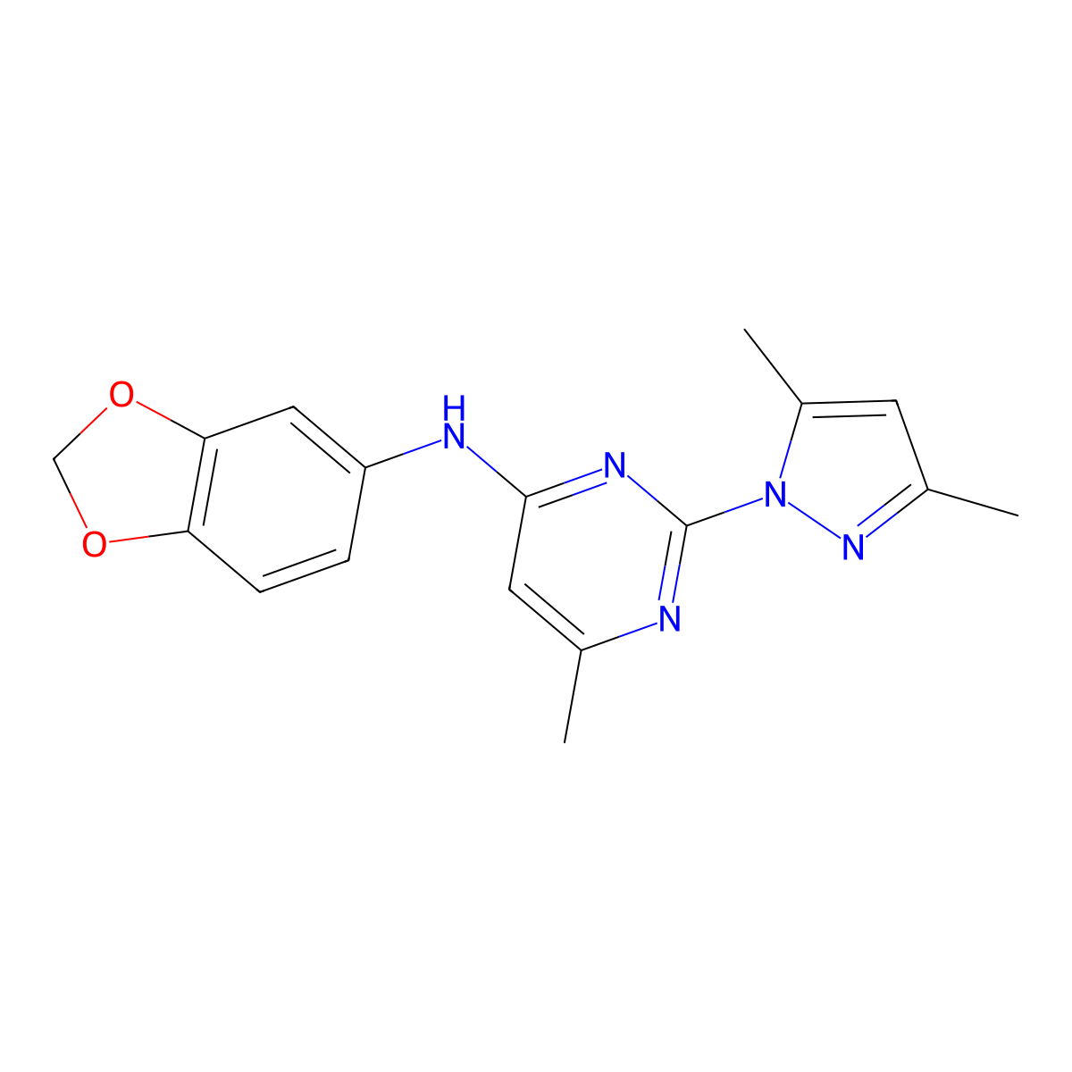 N-(1,3-benzodioxol-5-yl)-2-(3,5-dimethylpyrazol-1-yl)-6-methylpyrimidin-4-amine molecular structure, CAS 1003359-01-0