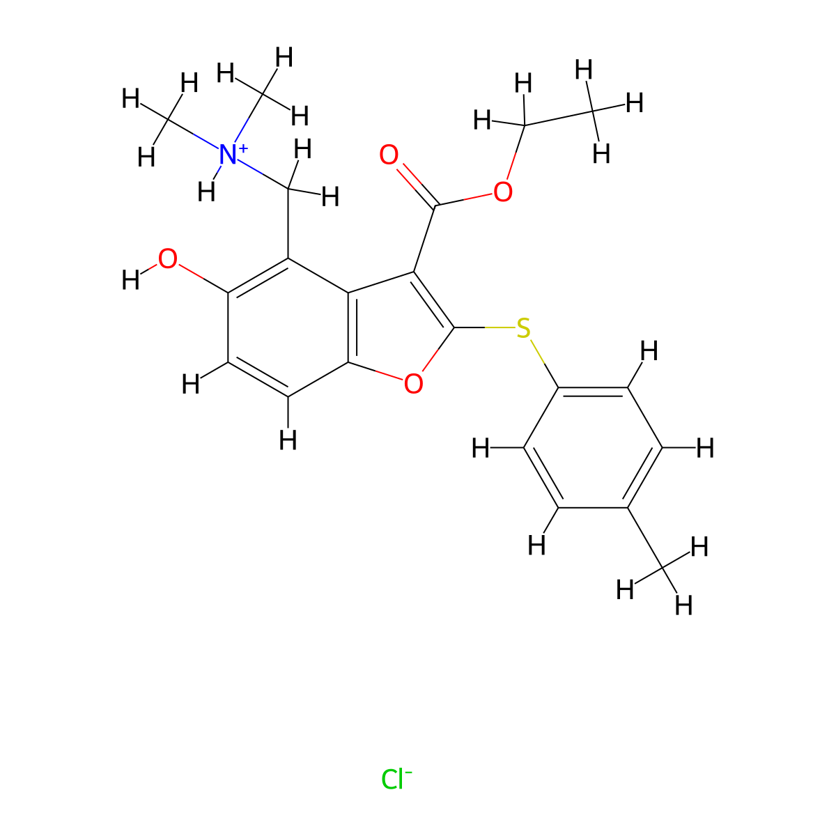 3-Benzofurancarboxylic acid, 4-((dimethylamino)methyl)-5-hydroxy-2-(p-tolylthio)-, ethyl ester, hydrochloride molecular structure, CAS 100347-60-2
