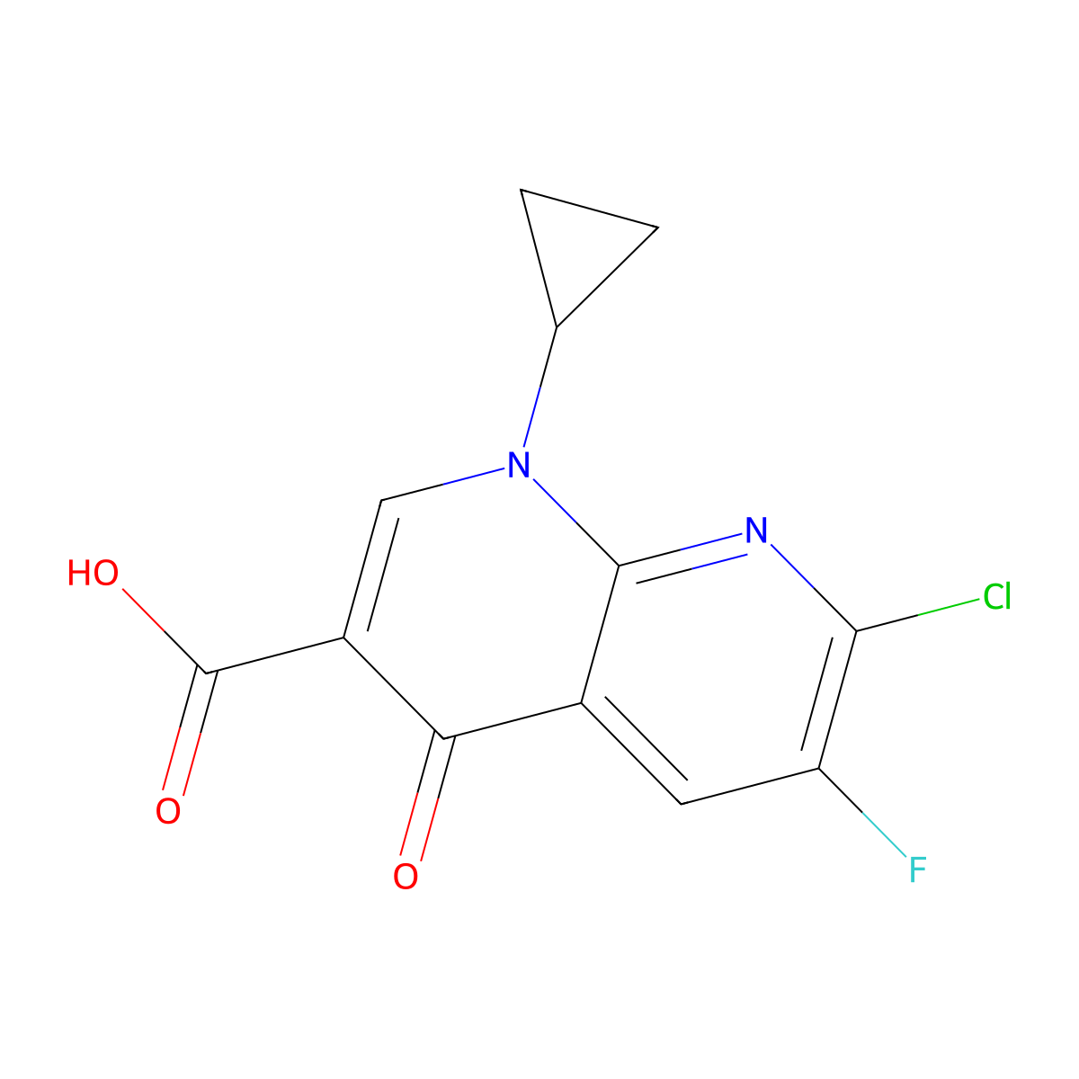 7-Chloro-1-cyclopropyl-6-fluoro-4-oxo-1,4-dihydro-1,8-naphthyridine-3-carboxylic acid molecular structure, CAS 100361-18-0