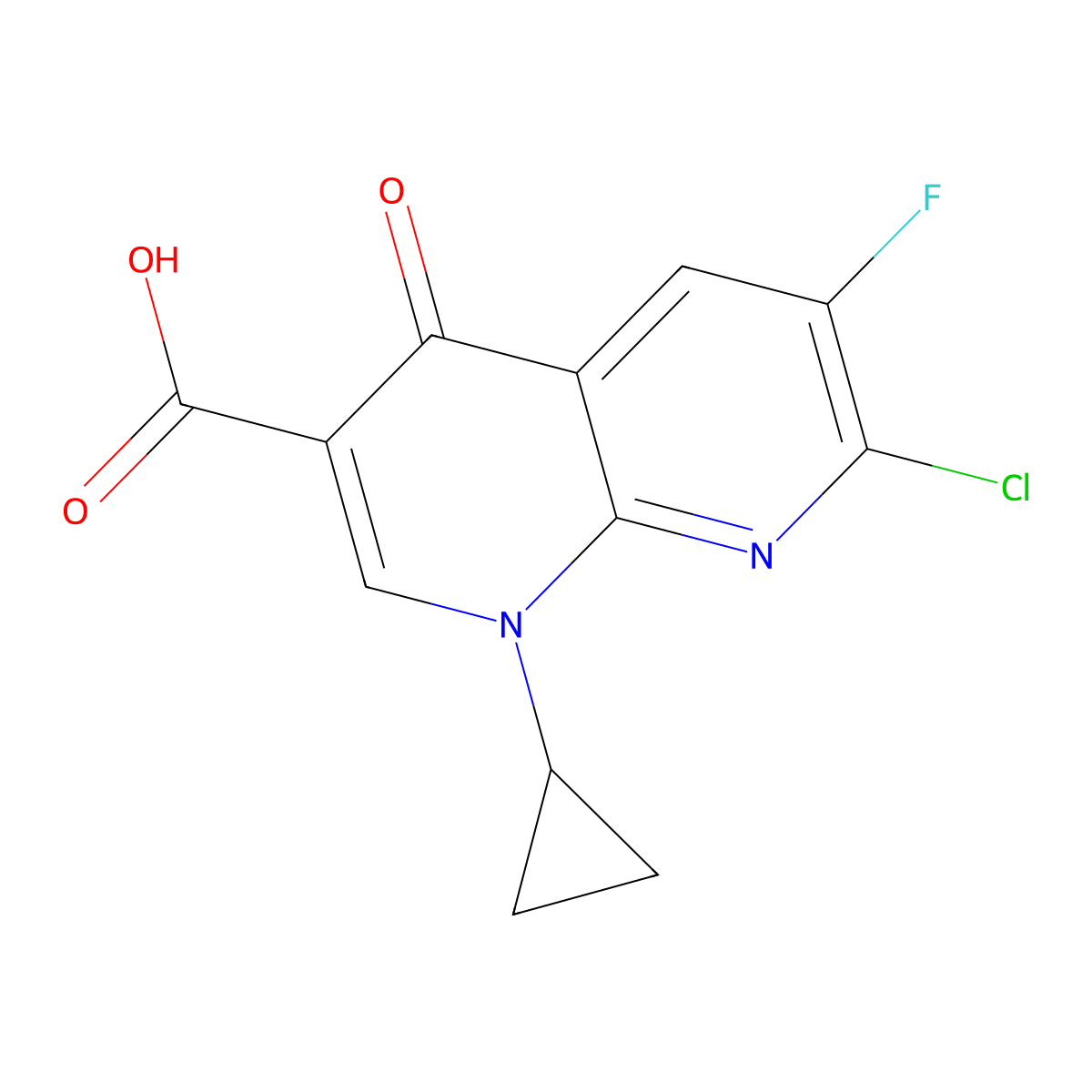 7-Chloro-1-cyclopropyl-6-fluoro-4-oxo-1,4-dihydro-1,8-naphthyridine-3-carboxylic acid molecular structure, CAS 100361-18-0