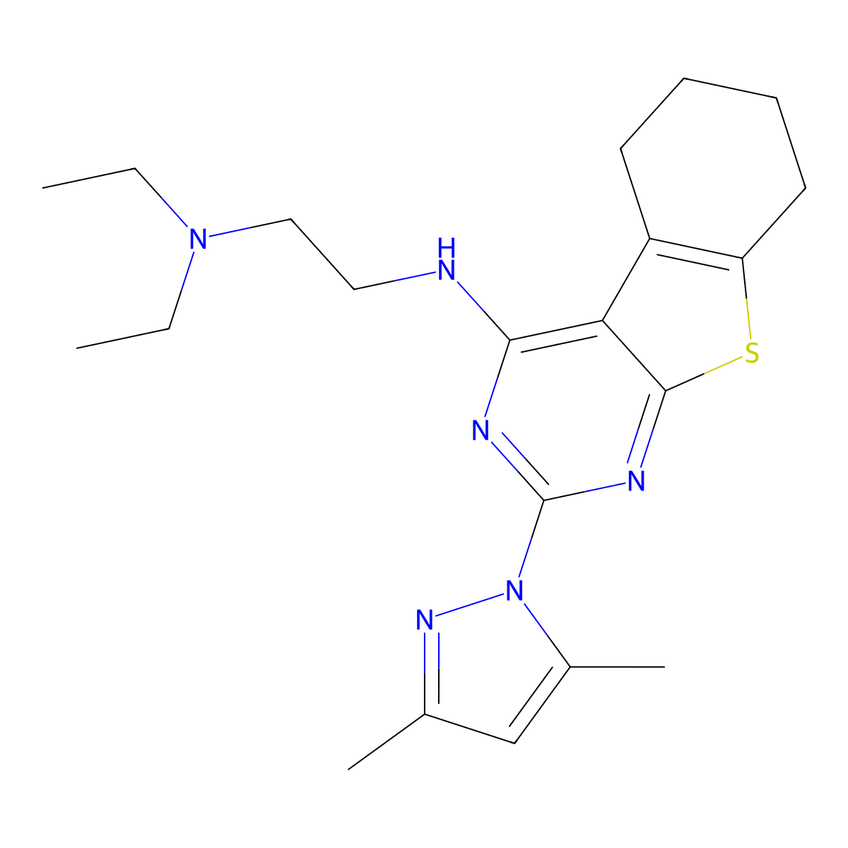 N'-[2-(3,5-dimethyl-1H-pyrazol-1-yl)-5,6,7,8-tetrahydro[1]benzothieno[2,3-d]pyrimidin-4-yl]-N,N-diethylethane-1,2-diamine molecular structure, CAS 1003742-02-6