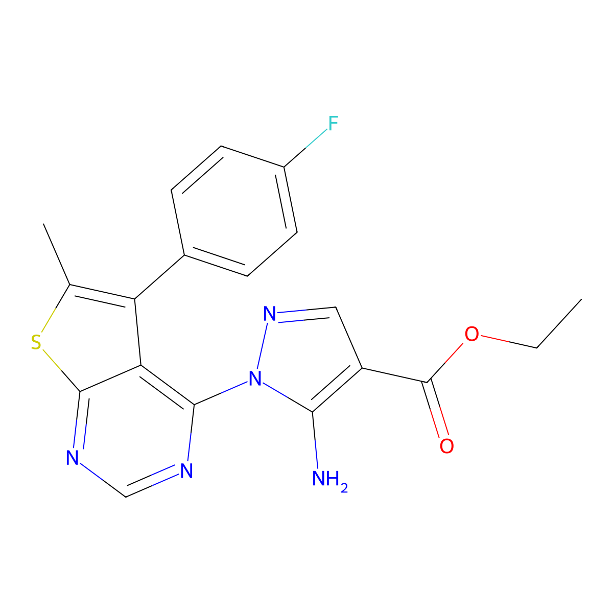 Ethyl 5-amino-1-[5-(4-fluorophenyl)-6-methylthieno[2,3-d]pyrimidin-4-yl]pyrazole-4-carboxylate molecular structure, CAS 1003967-20-1