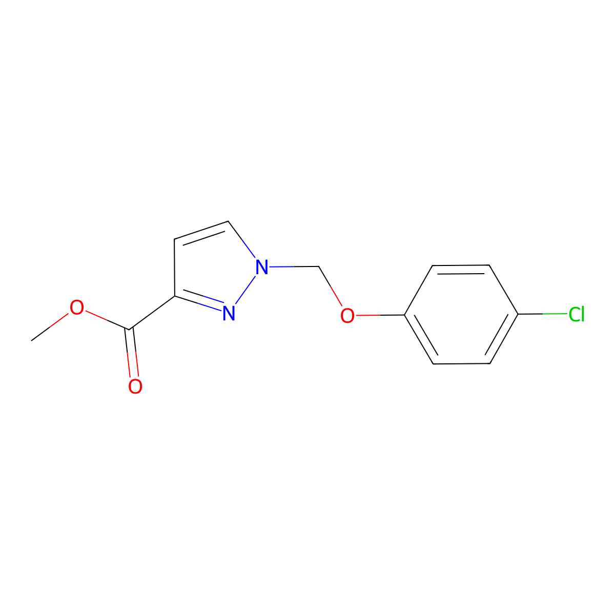 Methyl 1-((4-chlorophenoxy)methyl)-1H-pyrazole-3-carboxylate molecular structure, CAS 1003988-69-9