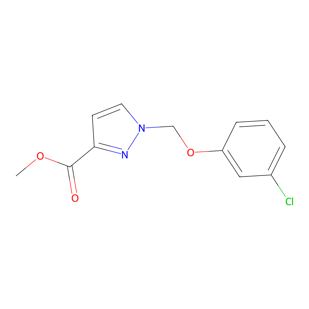 Methyl 1-((3-chlorophenoxy)methyl)-1H-pyrazole-3-carboxylate molecular structure, CAS 1003988-77-9