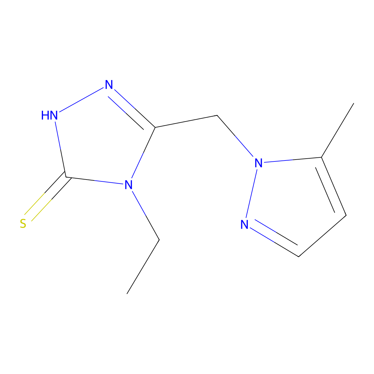 4-Ethyl-5-((5-methyl-1H-pyrazol-1-yl)methyl)-4H-1,2,4-triazole-3-thiol molecular structure, CAS 1004020-62-5