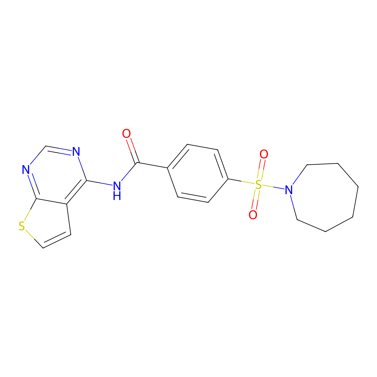 4-(azepan-1-ylsulfonyl)-N-(thieno[2,3-d]pyrimidin-4-yl)benzamide molecular structure, CAS 1004052-93-0