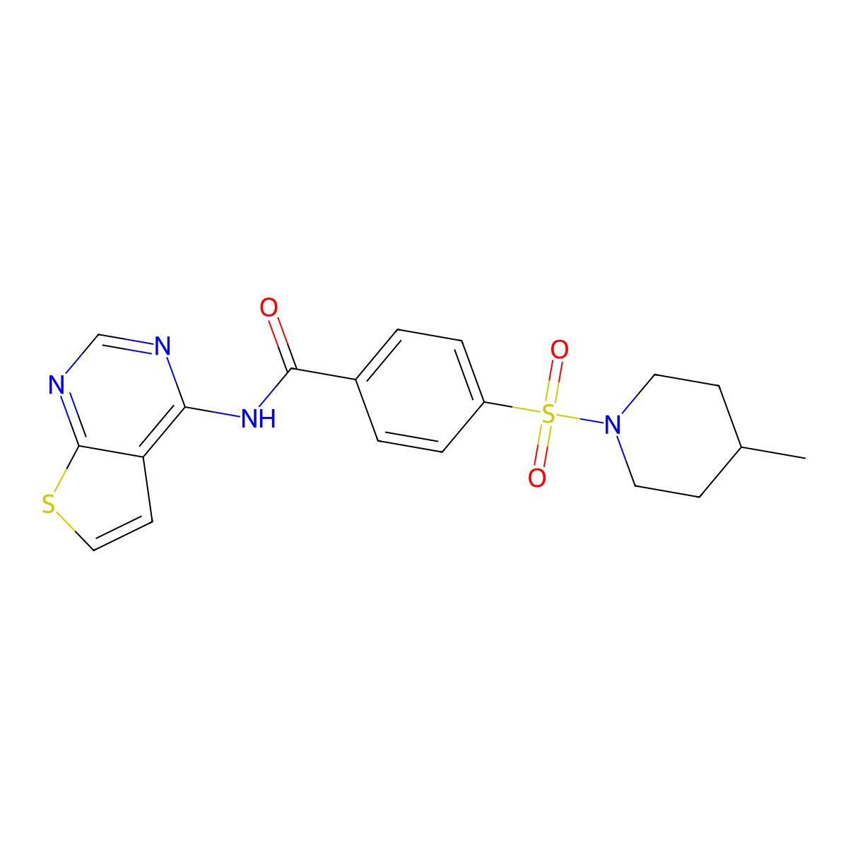 4-((4-methylpiperidin-1-yl)sulfonyl)-N-(thieno[2,3-d]pyrimidin-4-yl)benzamide molecular structure, CAS 1004053-63-7
