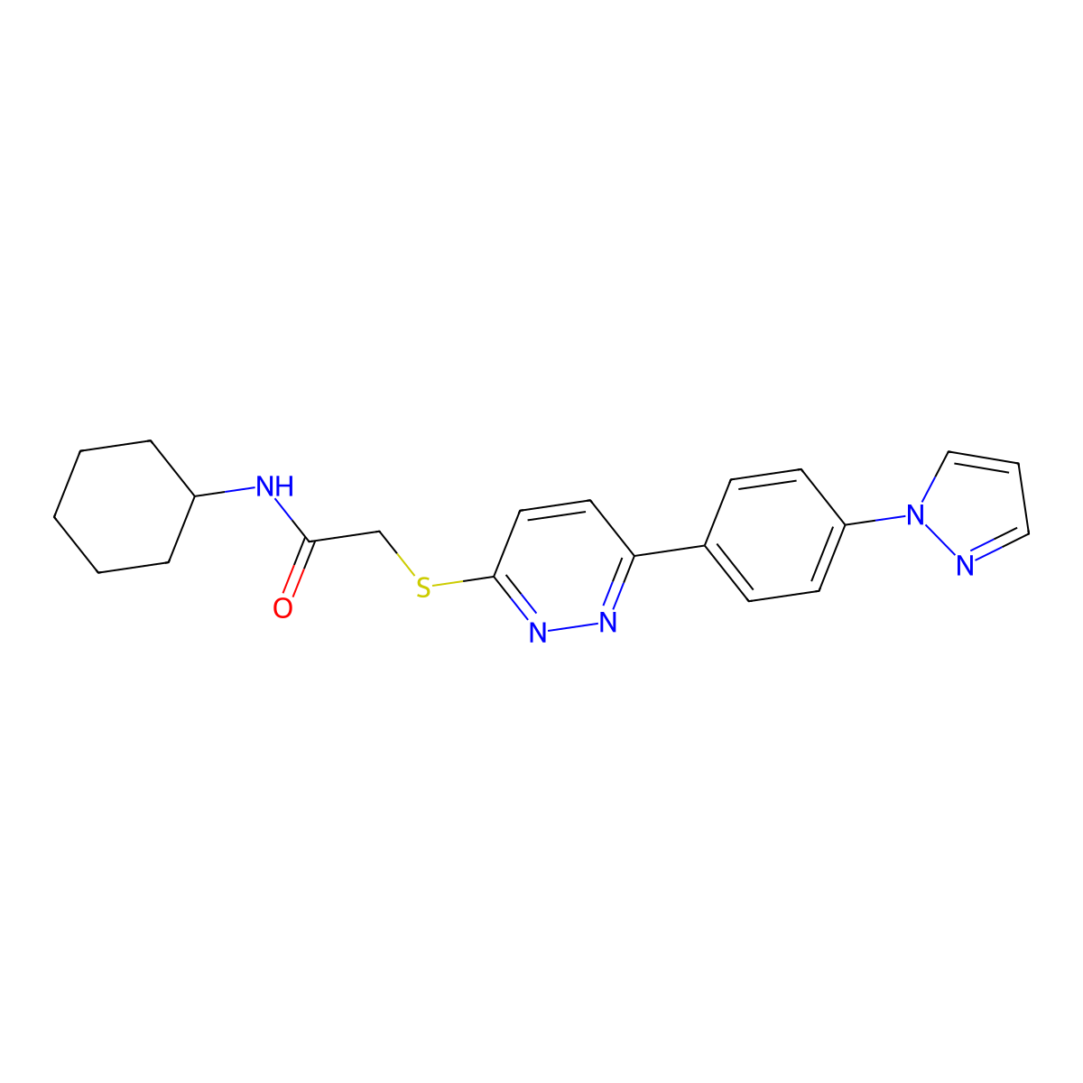N-cyclohexyl-2-[6-(4-pyrazol-1-ylphenyl)pyridazin-3-yl]sulfanylacetamide molecular structure, CAS 1004184-62-6