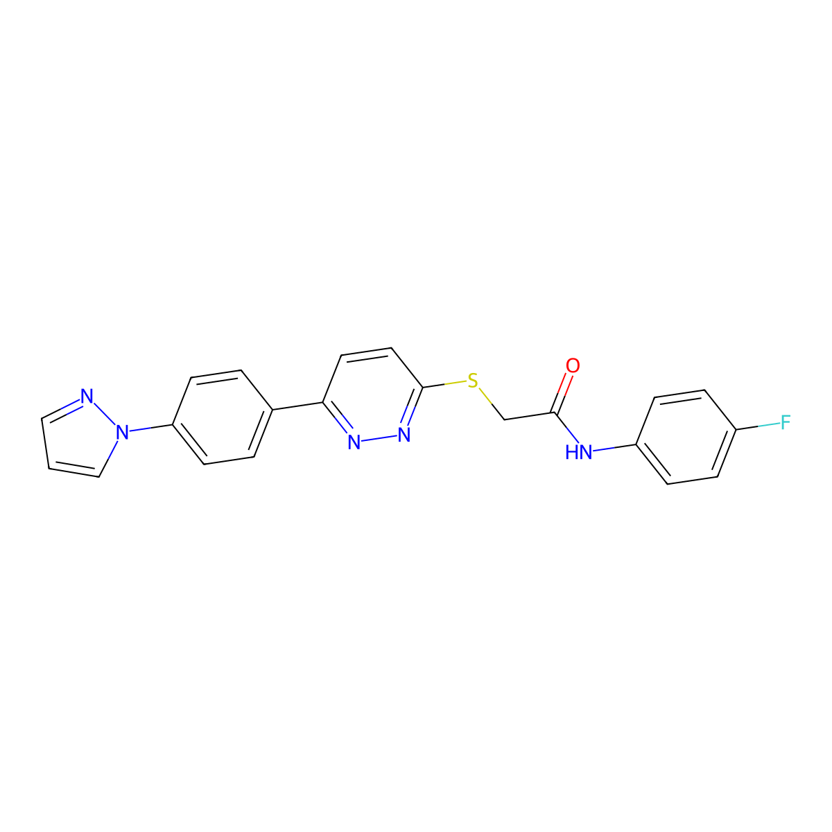 N-(4-fluorophenyl)-2-[6-(4-pyrazol-1-ylphenyl)pyridazin-3-yl]sulfanylacetamide molecular structure, CAS 1004185-72-1