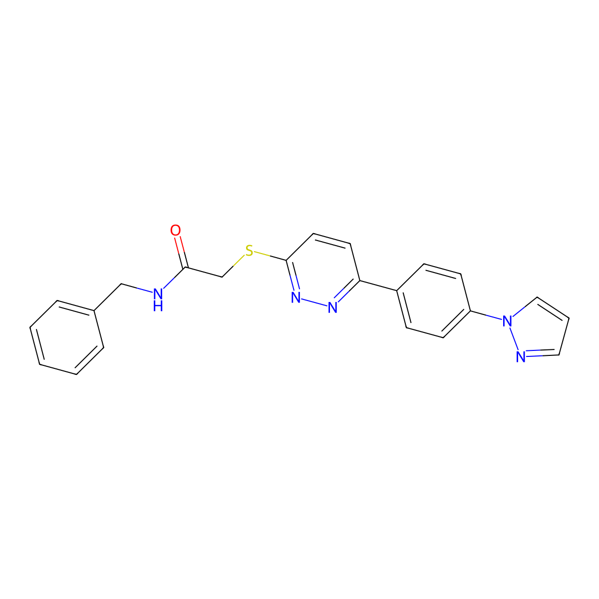 N-benzyl-2-[6-(4-pyrazol-1-ylphenyl)pyridazin-3-yl]sulfanylacetamide molecular structure, CAS 1004185-75-4