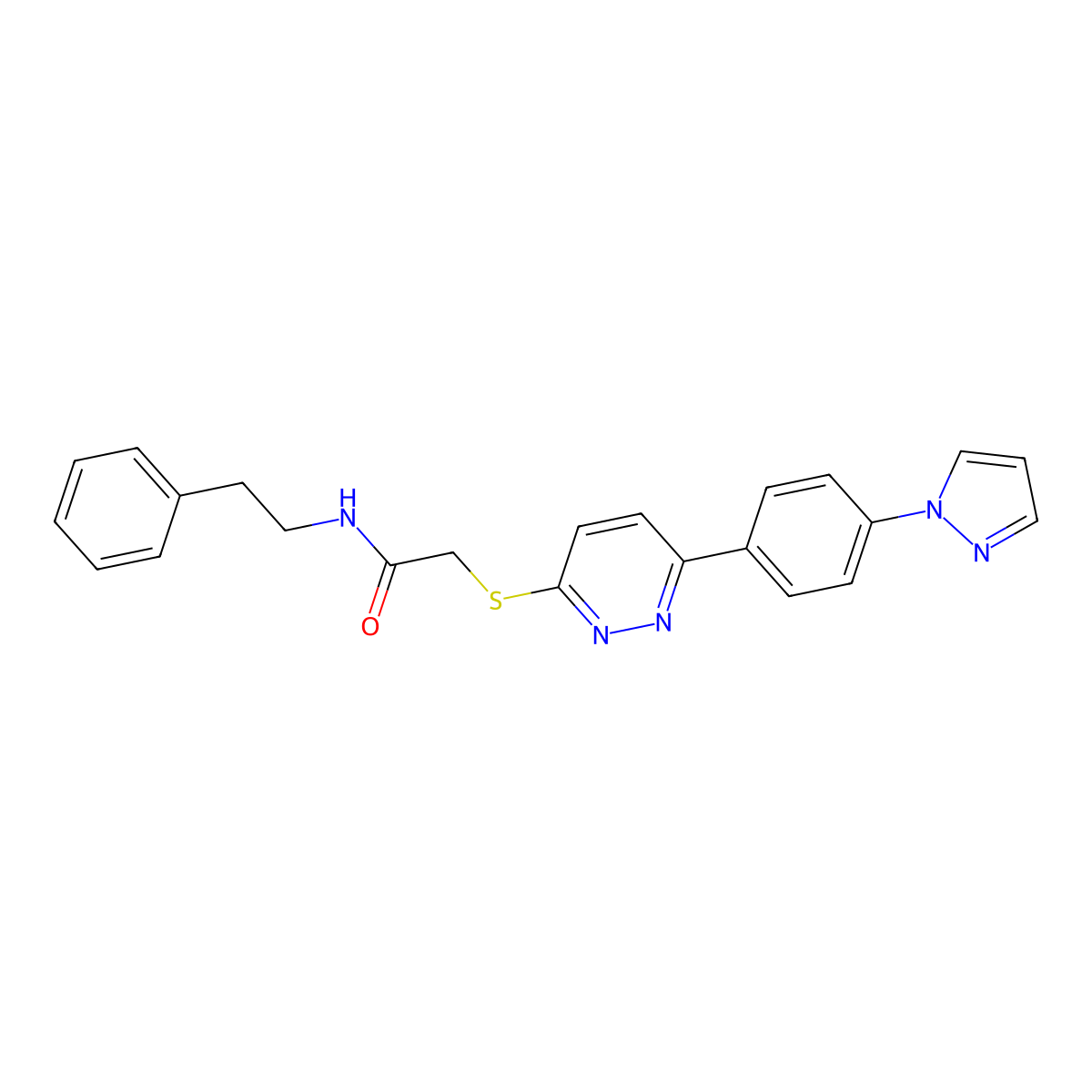 2-((6-(4-(1H-pyrazol-1-yl)phenyl)pyridazin-3-yl)thio)-N-phenethylacetamide molecular structure, CAS 1004185-81-2