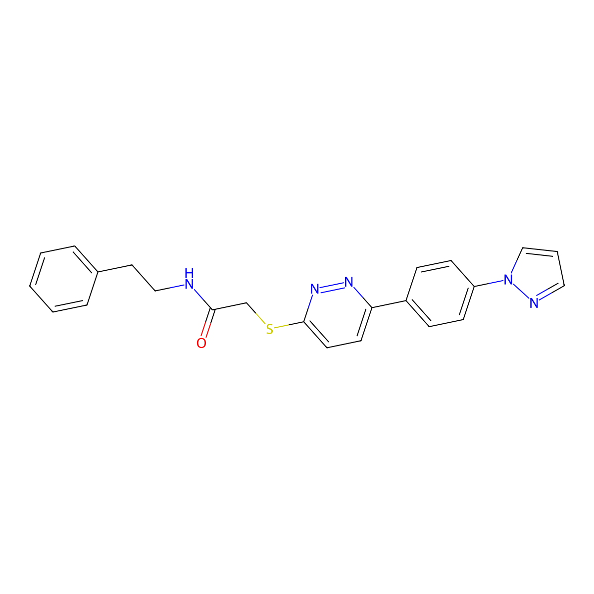2-((6-(4-(1H-pyrazol-1-yl)phenyl)pyridazin-3-yl)thio)-N-phenethylacetamide molecular structure, CAS 1004185-81-2