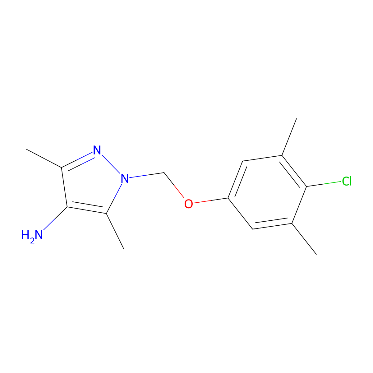 1-((4-Chloro-3,5-dimethylphenoxy)methyl)-3,5-dimethyl-1H-pyrazol-4-amine molecular structure, CAS 1004192-81-7